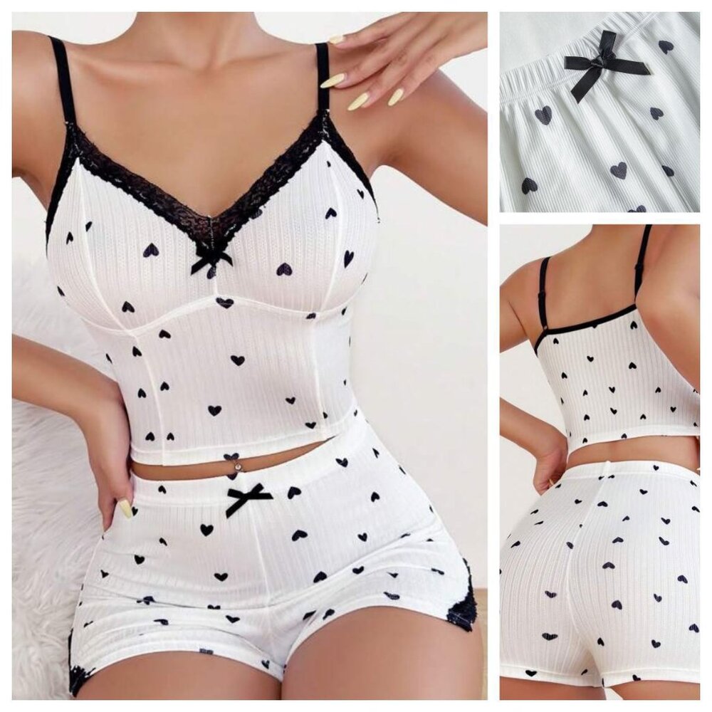 2/$30 Heart Prints White Pajama Set Shorts and Tank Top Sleeveless Lace Bow Pj